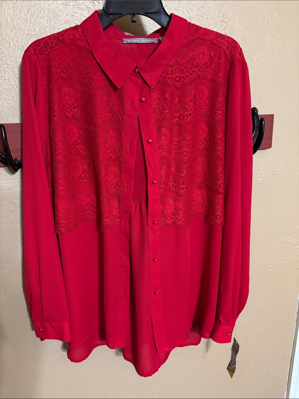 Valerie Stevens Vibrant Red Lace-Yoke Button Down Blouse